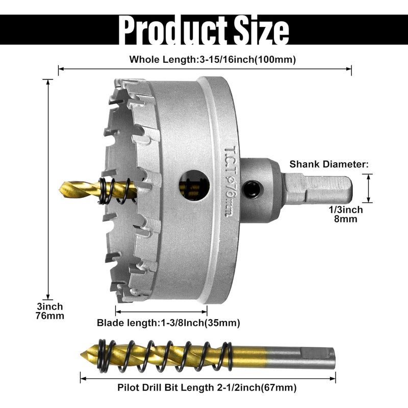 SALI 3"(76mm) TCT Hole Saw Kit Tungsten Carbide Tipped Hole Saw Drill Bit with Titanium-Plated Pilot Drill bit for Metal, Stainless Steel, Iron, Plastic - Image 2